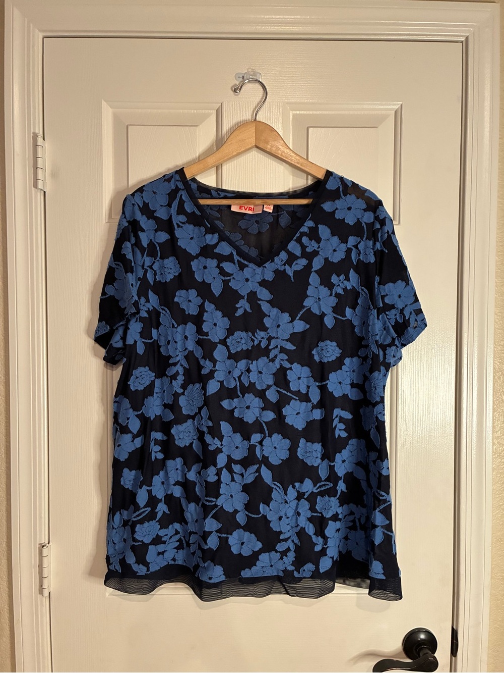 EVRI Black V-Neck Short Sleeve Burnout Top with Blue Floral Print
